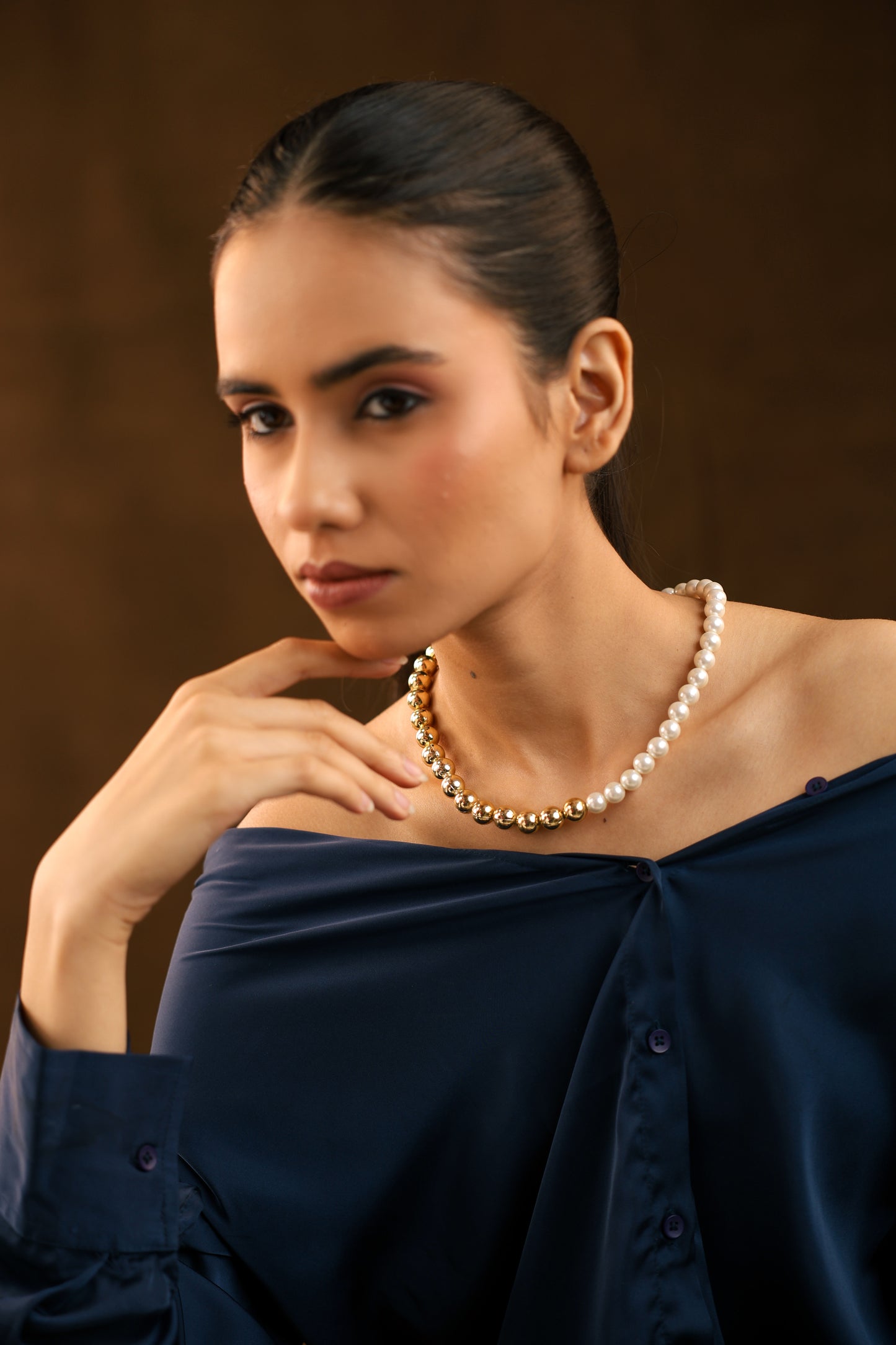 Eclipse Harmony: Half Golden & White Pearl Necklace