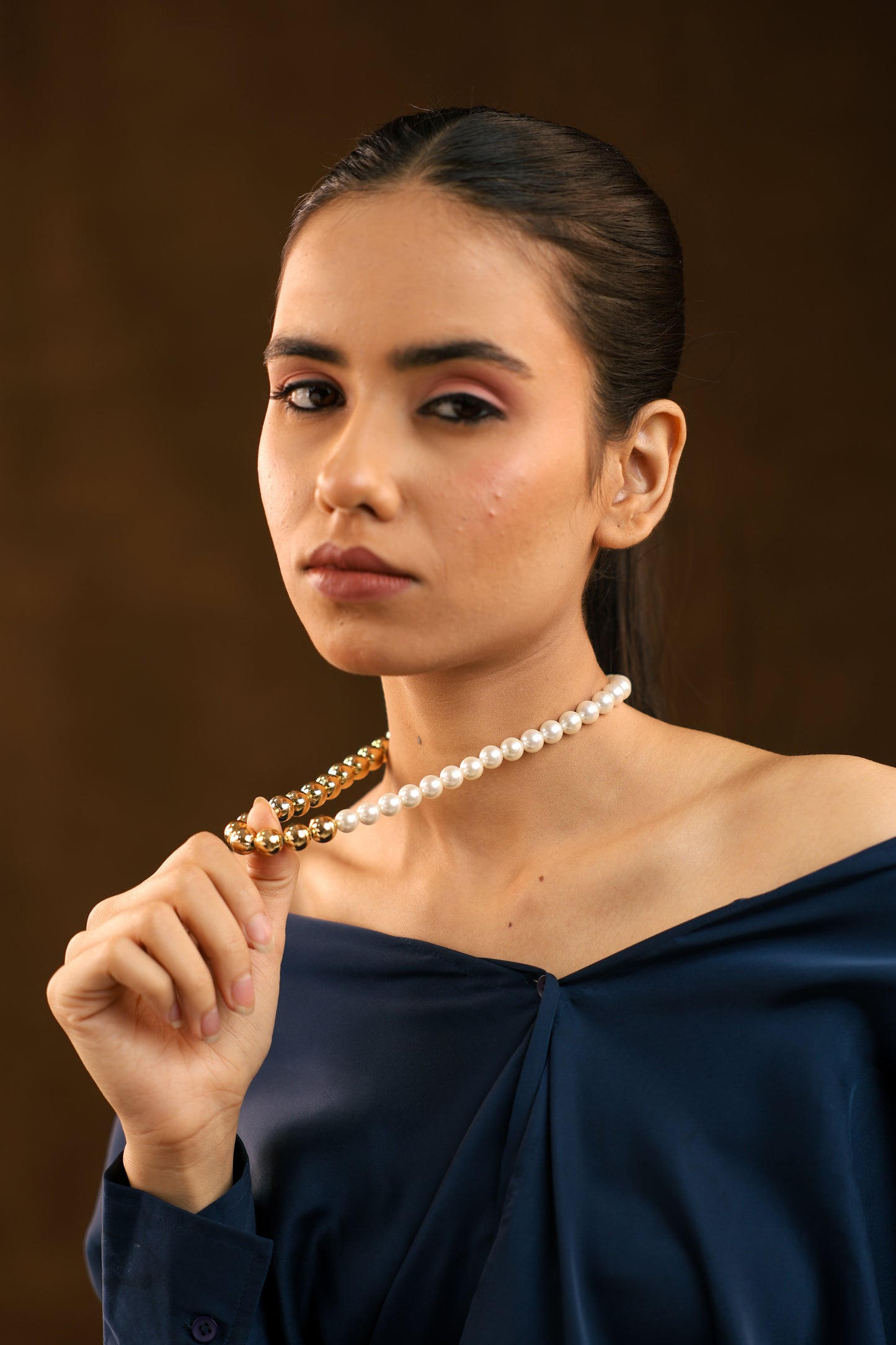 Eclipse Harmony: Half Golden & White Pearl Necklace