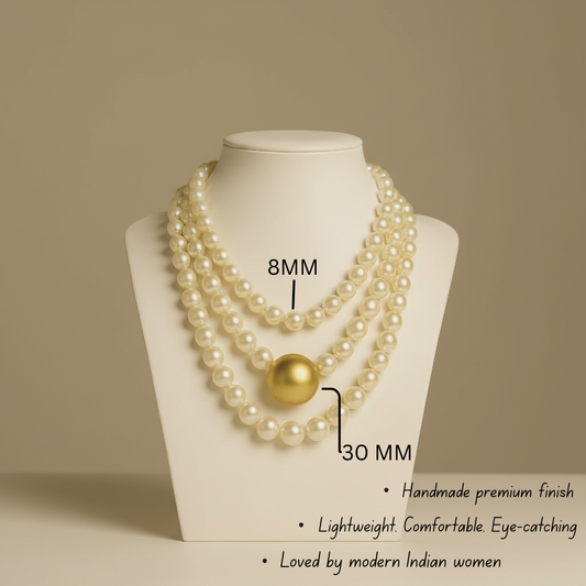 Triple Strand Elegance – White Pearl Choker with Golden Centerpiece