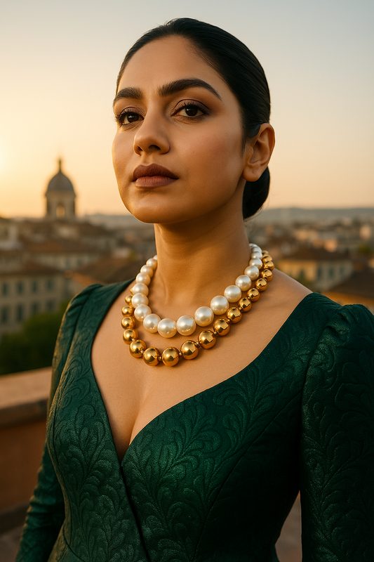 Elegant Duo Handmade White & Golden Pearl Choker -