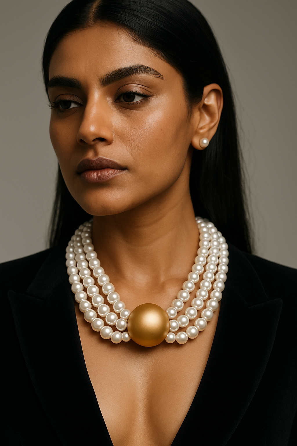 Triple Strand Elegance – White Pearl Choker with Golden Centerpiece