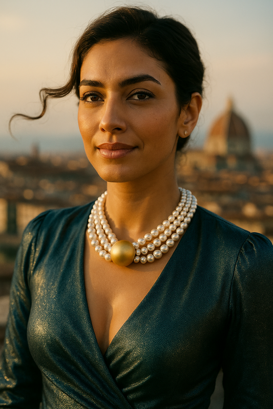 Triple Strand Elegance โ White Pearl Choker with Golden Centerpiece