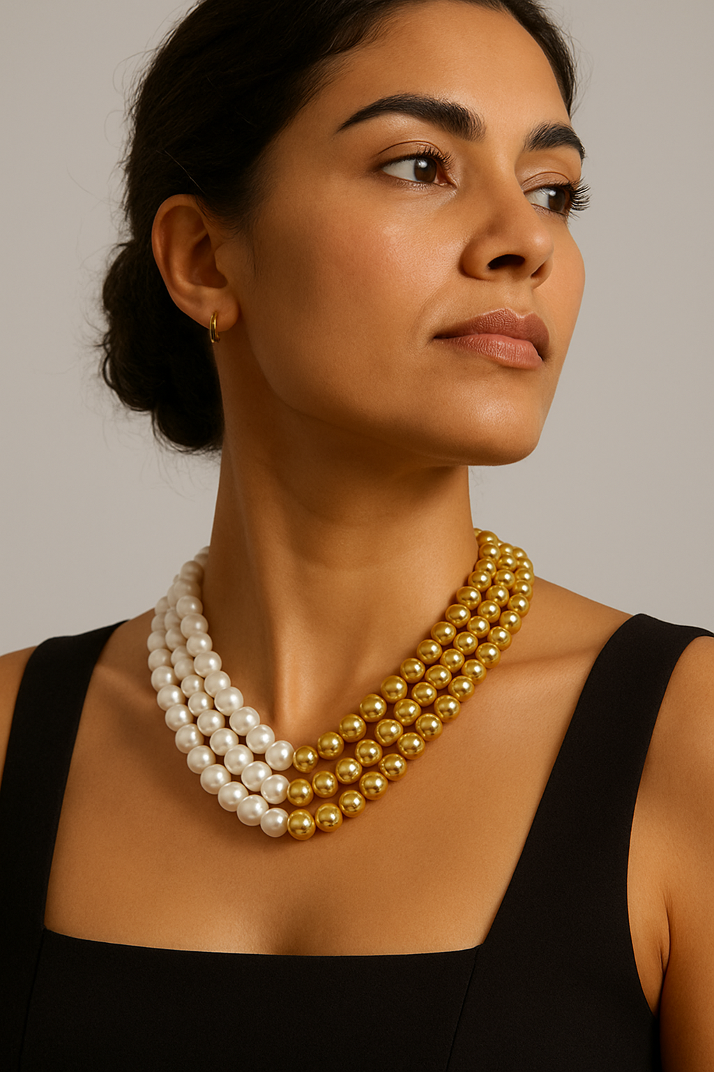 Elegant Dual-Tone Pearl & Gold Beaded Statement Necklace