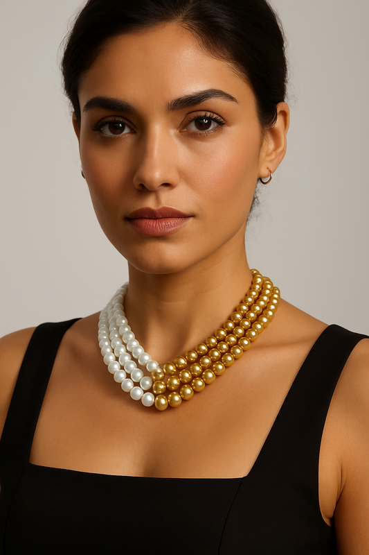 Elegant Dual-Tone Pearl & Gold Beaded Statement Necklace
