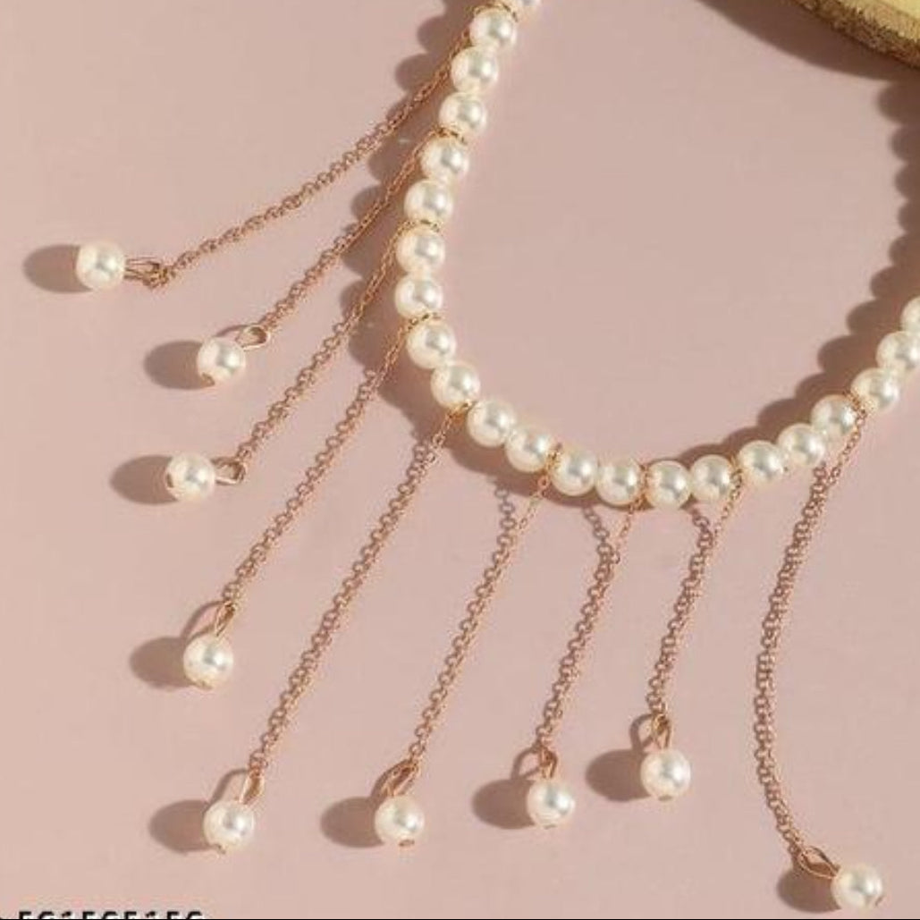 Elegant Pearl Drop Fringe Necklace - Gold Tassel Pearl Choker