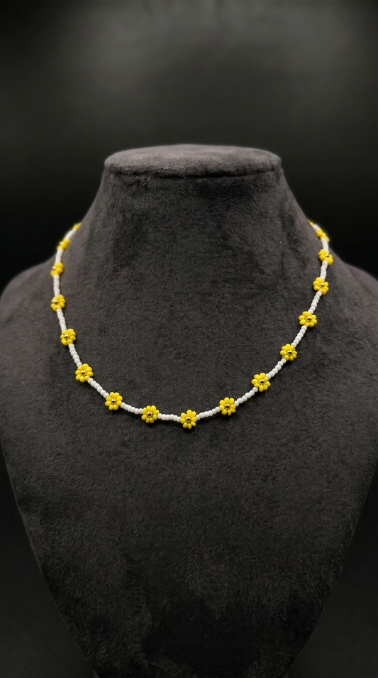 Handmade Yellow Daisy Beaded Necklace – White & Yellow Floral Choker