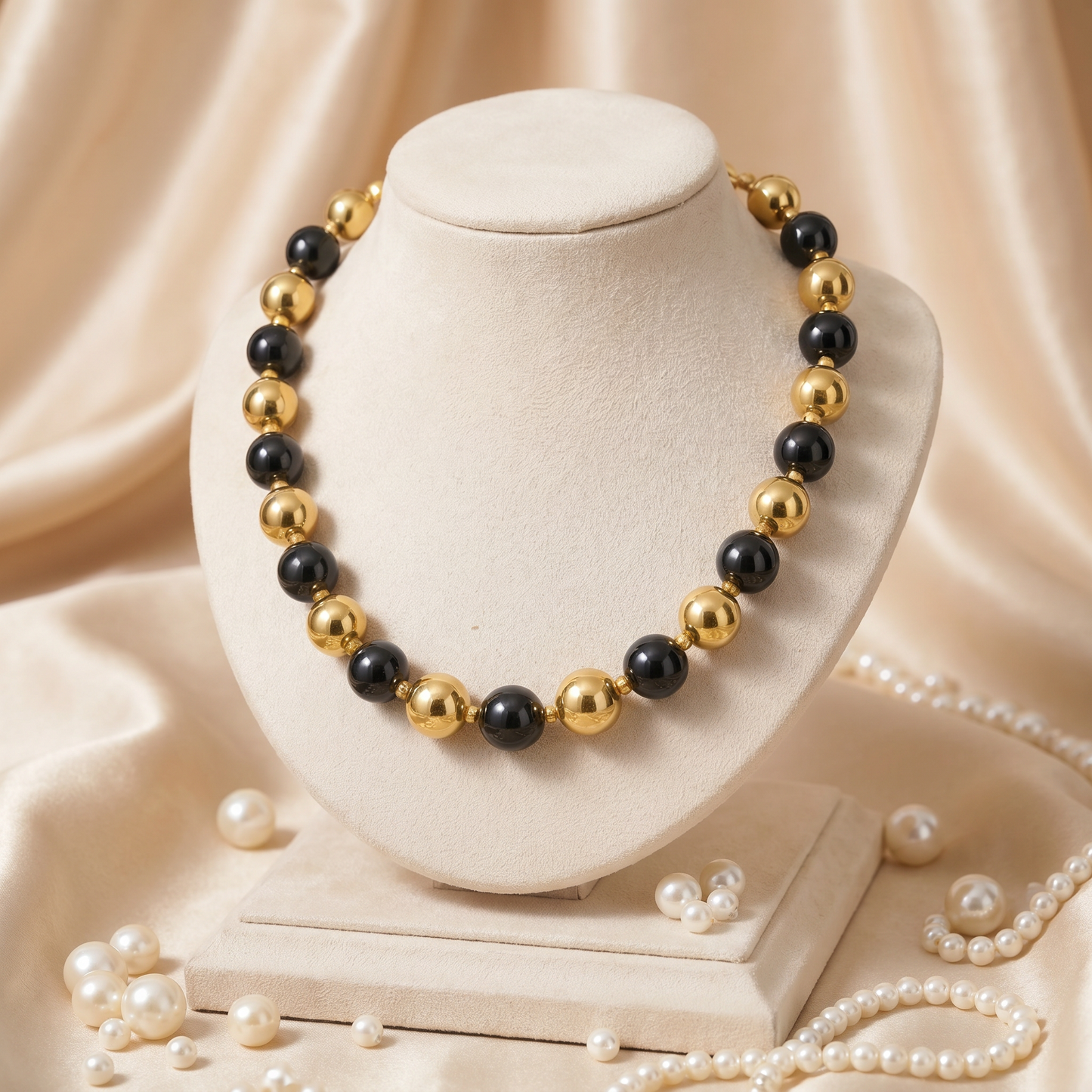 Elegant Gold & Black Beaded Necklace