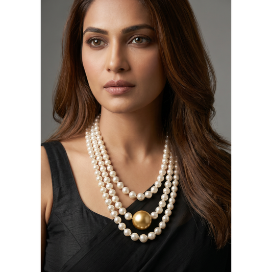 Triple Strand Pearl Necklace with Gold Center