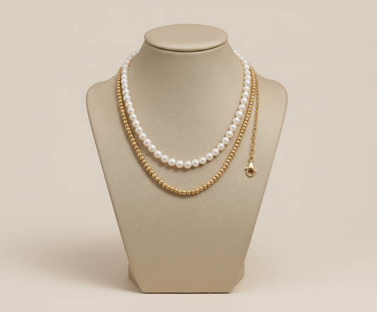 Elegant Dual Layer Pearl & Gold Bead Necklace