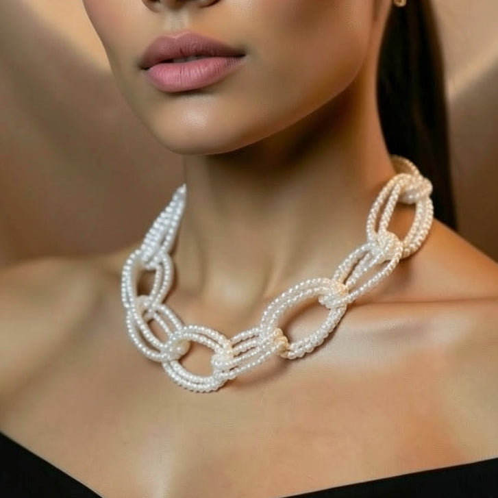 Multi-Strand Pearl Link Necklace - Layered Pearl Statement Jewelry for Women