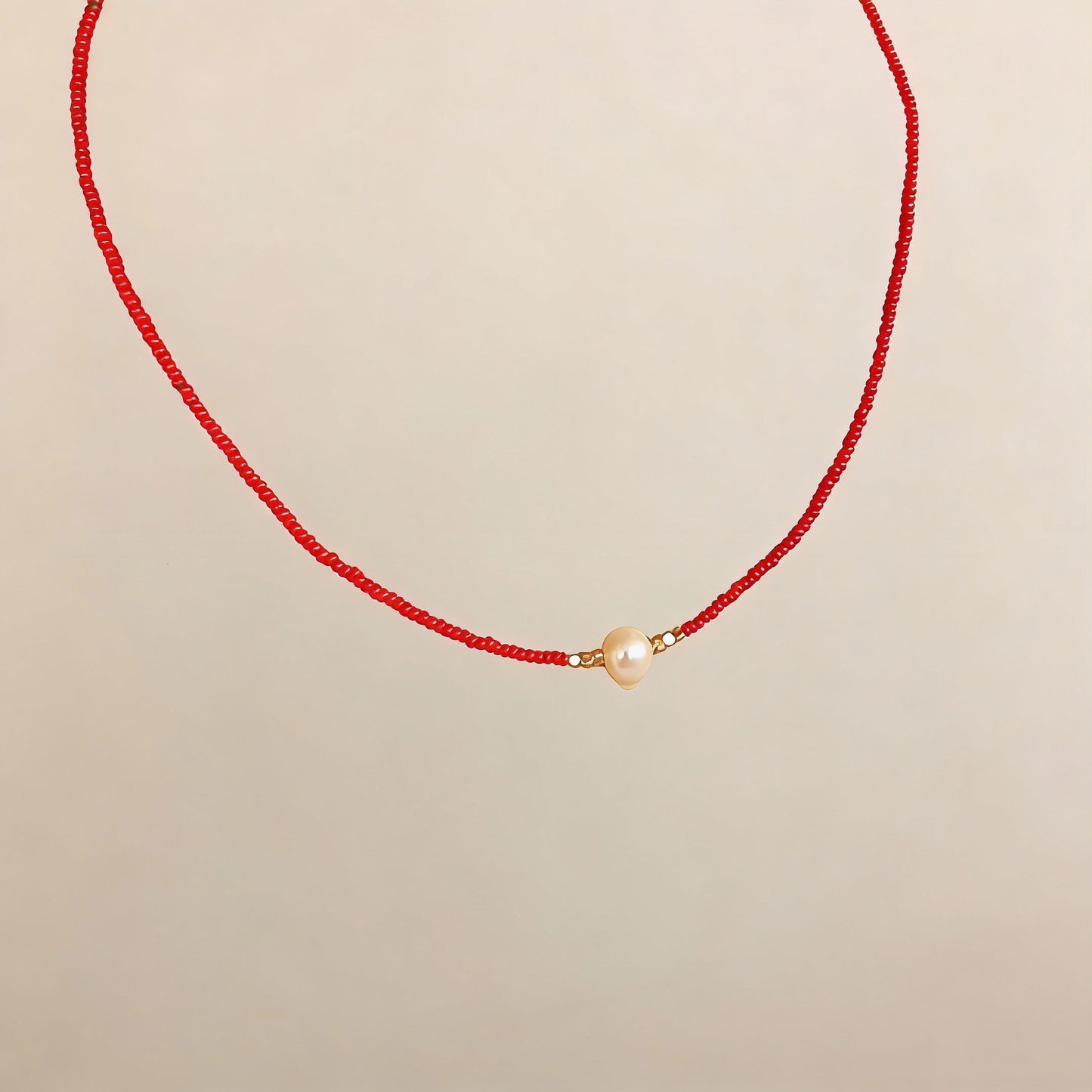 Red Beaded Necklace with White Pearl Center – Dainty Handmade Choker