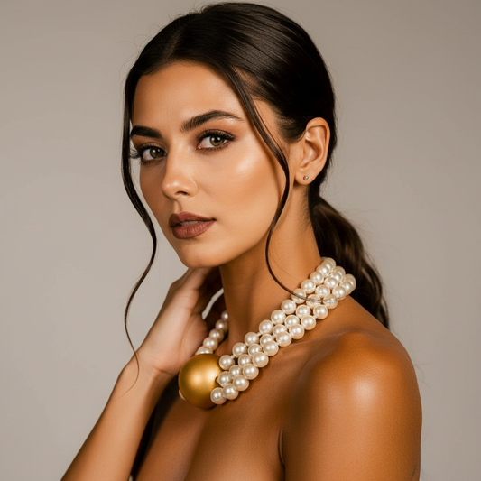 Triple Strand Elegance – White Pearl Choker with Golden Centerpiece