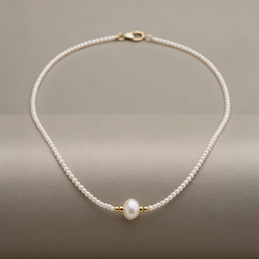 White Beaded Necklace with Center Pearl – Minimalist Handmade Choker