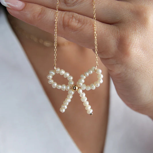Gold Chain Pearl Bow Necklace