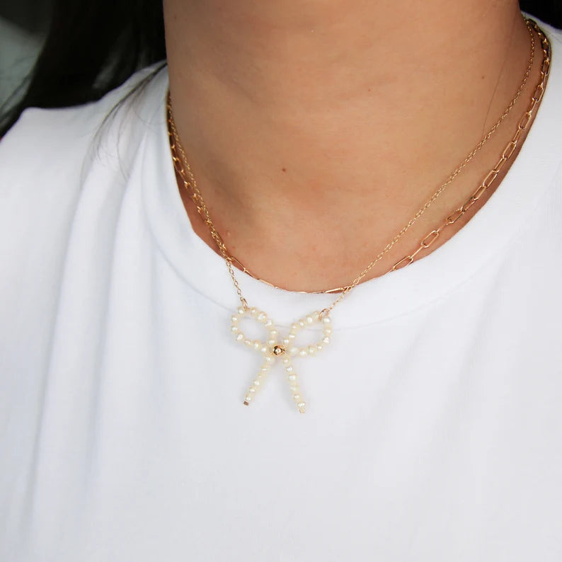 Gold Chain Pearl Bow Necklace – Elegant Feminine Accent