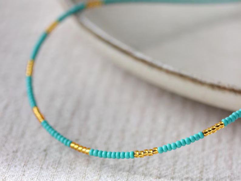 Turquoise Gold Seed Beads Choker
