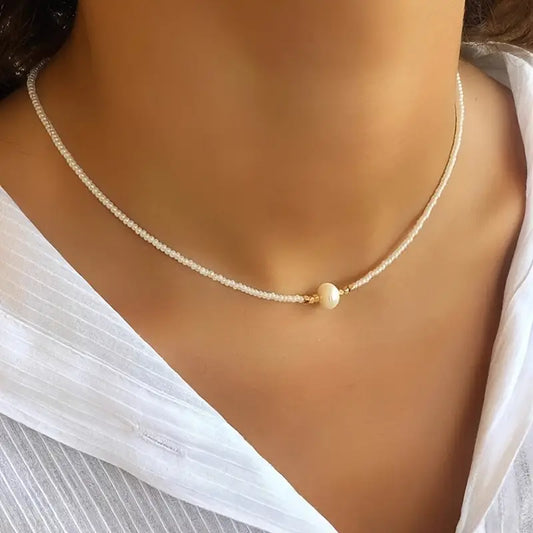 White Beaded Necklace with Center Pearl