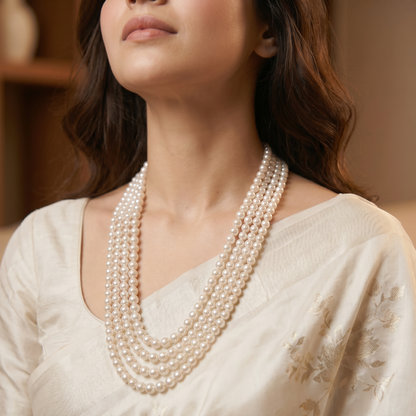 Gouri Jewel Royal Cascade(Rani Haar) — Layer White Pearl Mala Necklace | Bridal & Festive Collection"