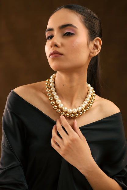 Elegant Duo Handmade White & Golden Pearl Choker