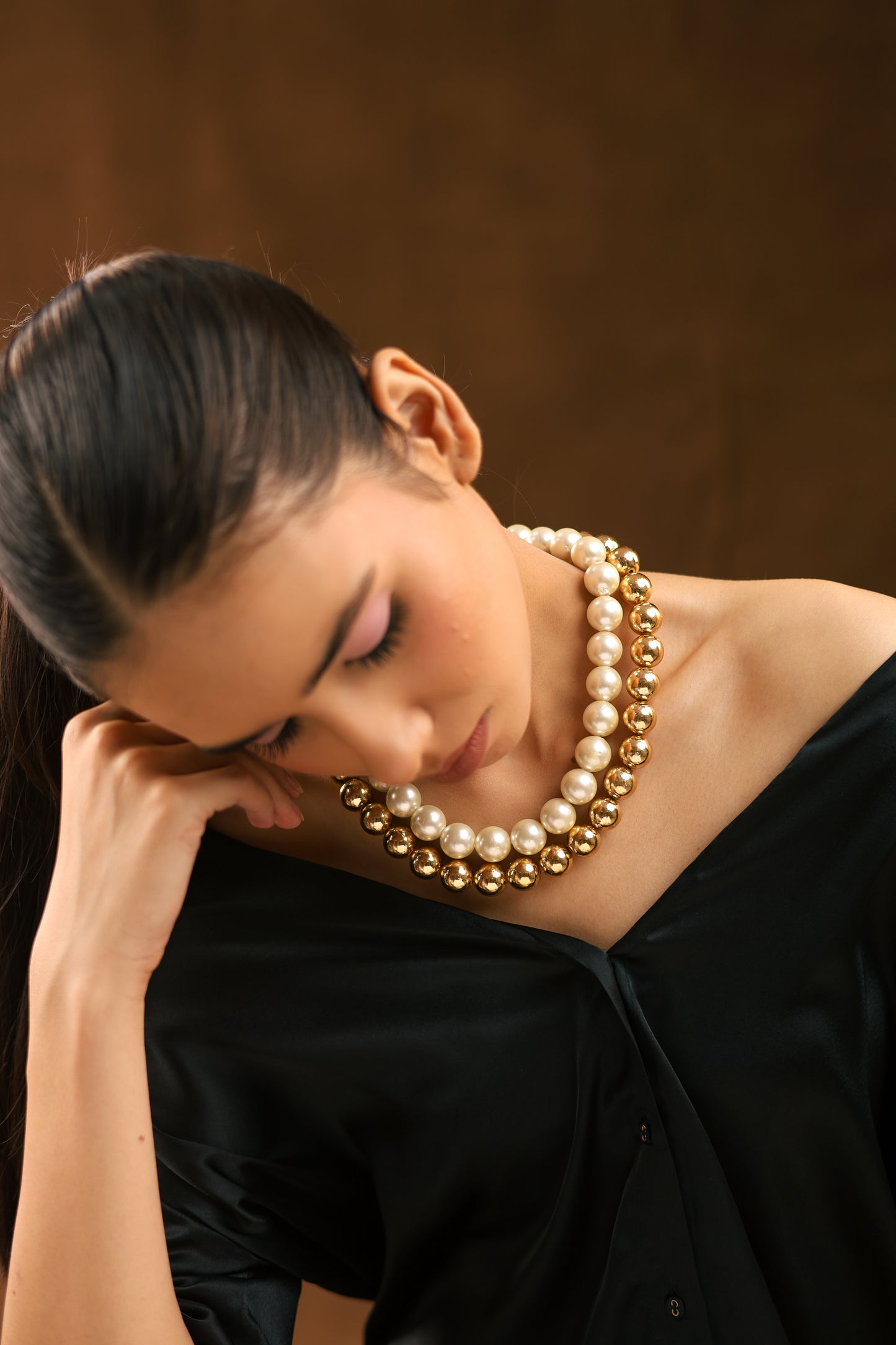 Elegant Duo: Handmade White & Golden Pearl Choker