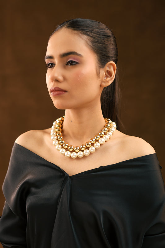 Elegant Duo: Handmade White & Golden Pearl Choker