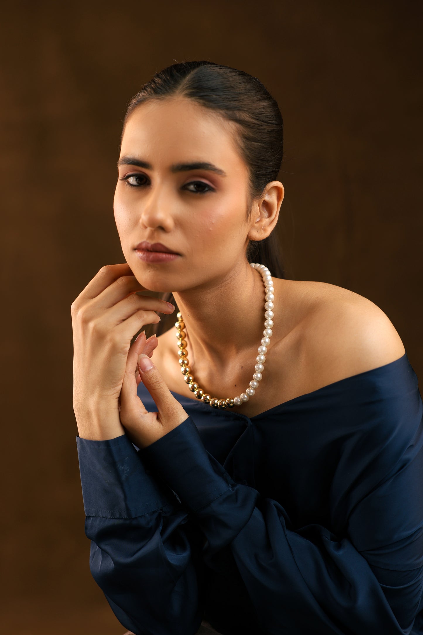 Eclipse Harmony: Half Golden & White Pearl Necklace
