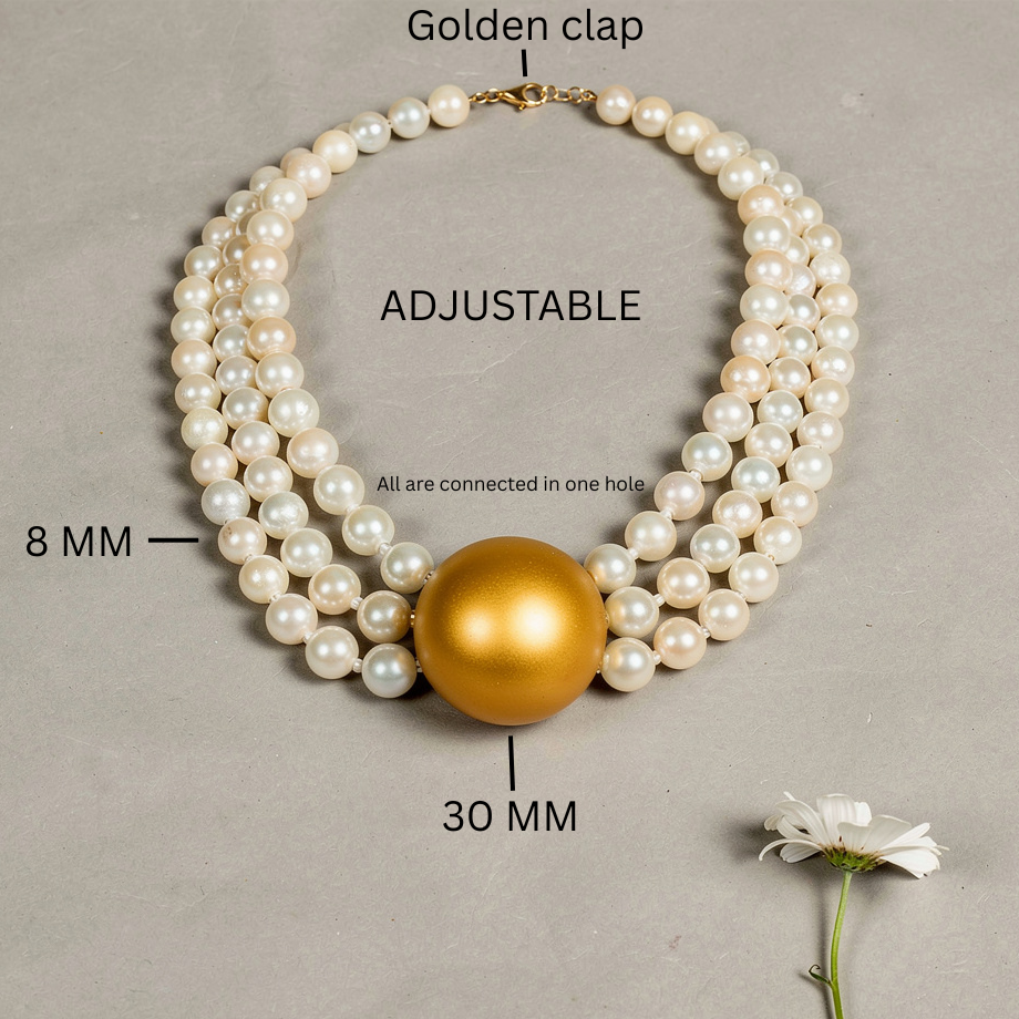Triple Strand Elegance – White Pearl Choker with Golden Centerpiece