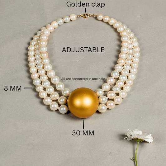 Triple Strand Elegance – White Pearl Choker with Golden Centerpiece