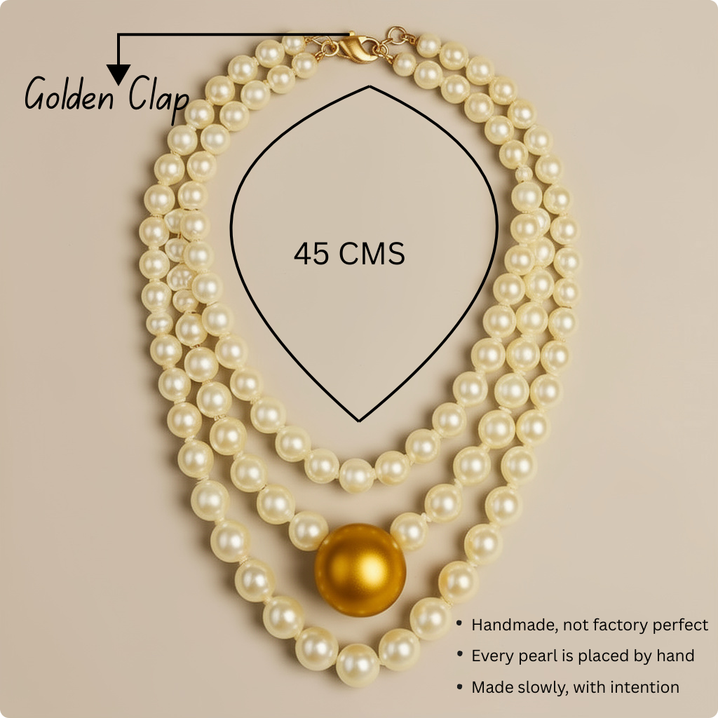 Triple Strand Elegance – White Pearl Choker with Golden Centerpiece