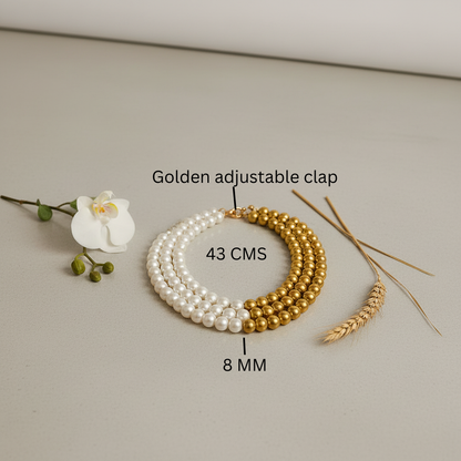 Elegant Dual-Tone Pearl & Gold Beaded Statement Necklace