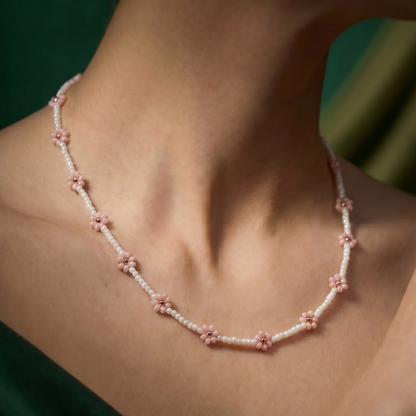 Handmade Pink Pearl Daisy Necklace – White & Pink Floral Beaded Chain