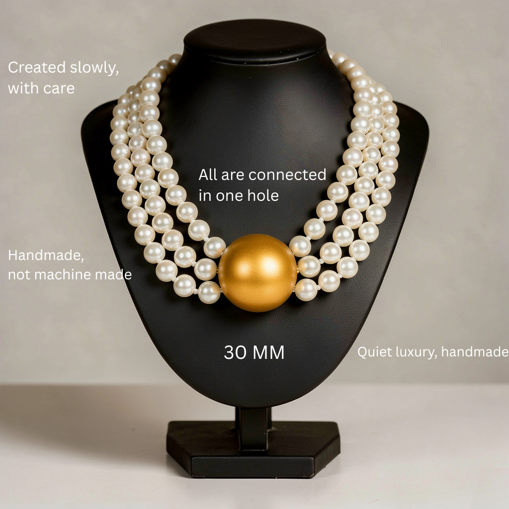 Triple Strand Elegance – White Pearl Choker with Golden Centerpiece