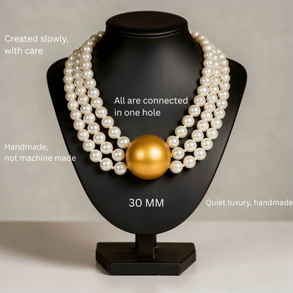 Triple Strand Elegance – White Pearl Choker with Golden Centerpiece