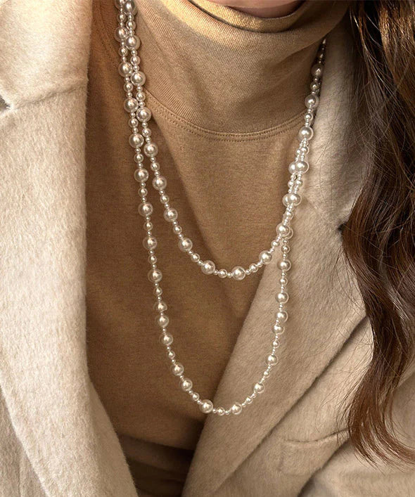 Elegant White Pearl Beaded Sweater Necklace