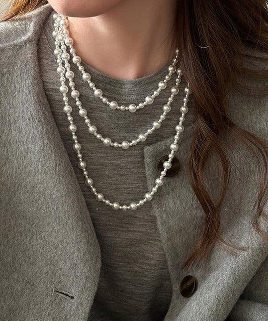 Elegant White Pearl Beaded Sweater Necklace