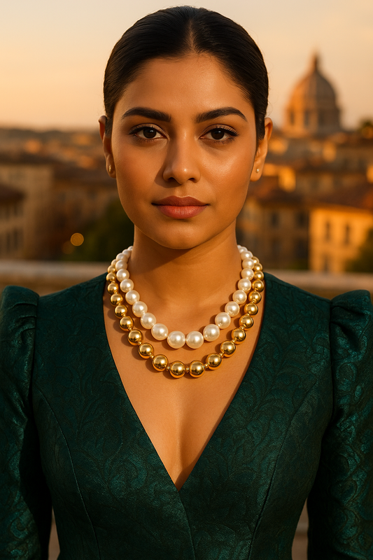 Elegant Duo Handmade White & Golden Pearl Choker -