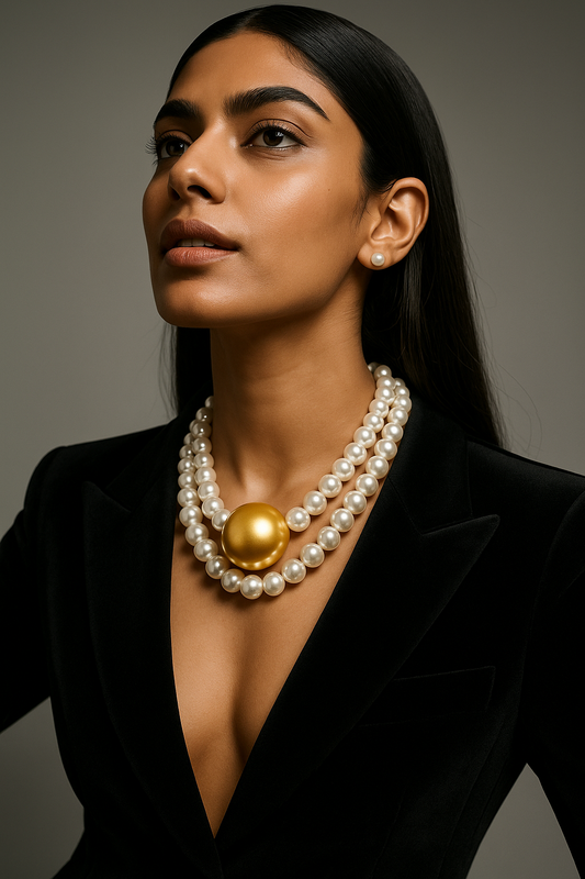 Golden Center Pearl Necklace with White Pearl Strand
