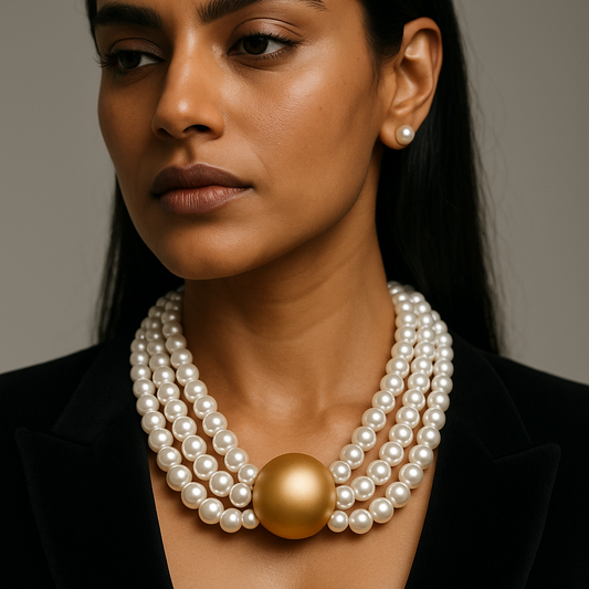 Triple Strand White Pearl Choker with Gold Center