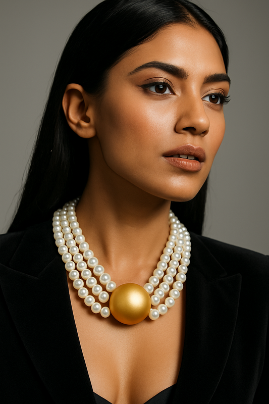 Triple Strand Elegance – White Pearl Choker with Golden Centerpiece
