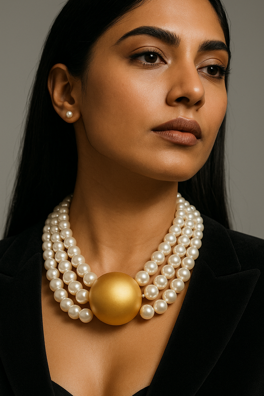 Triple Strand Elegance – White Pearl Choker with Golden Centerpiece