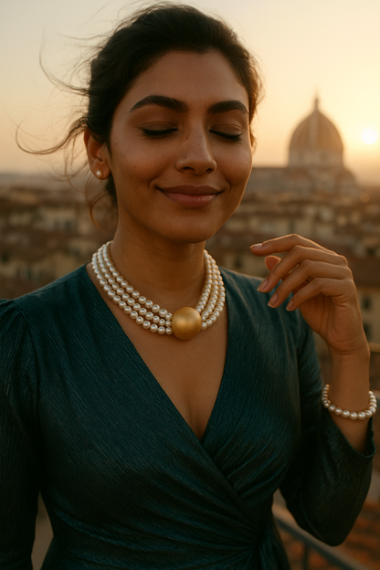 Triple Strand Elegance – White Pearl Choker with Golden Centerpiece