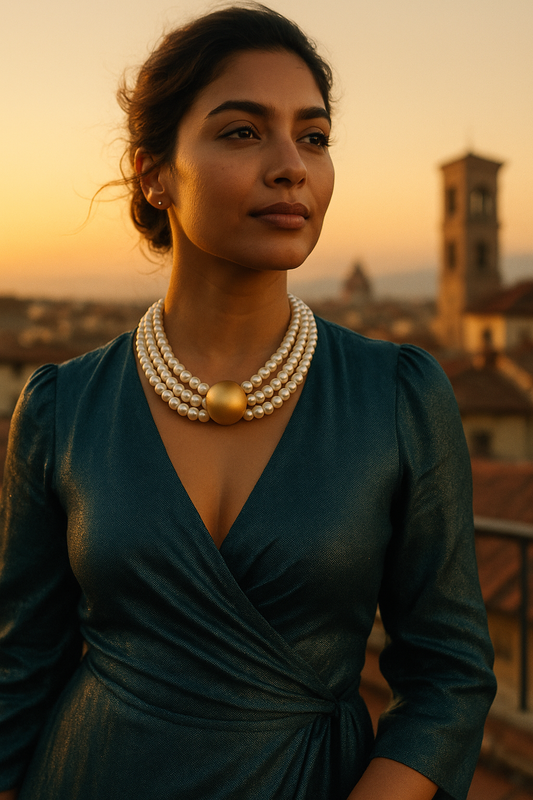Triple Strand Elegance – White Pearl Choker with Golden Centerpiece
