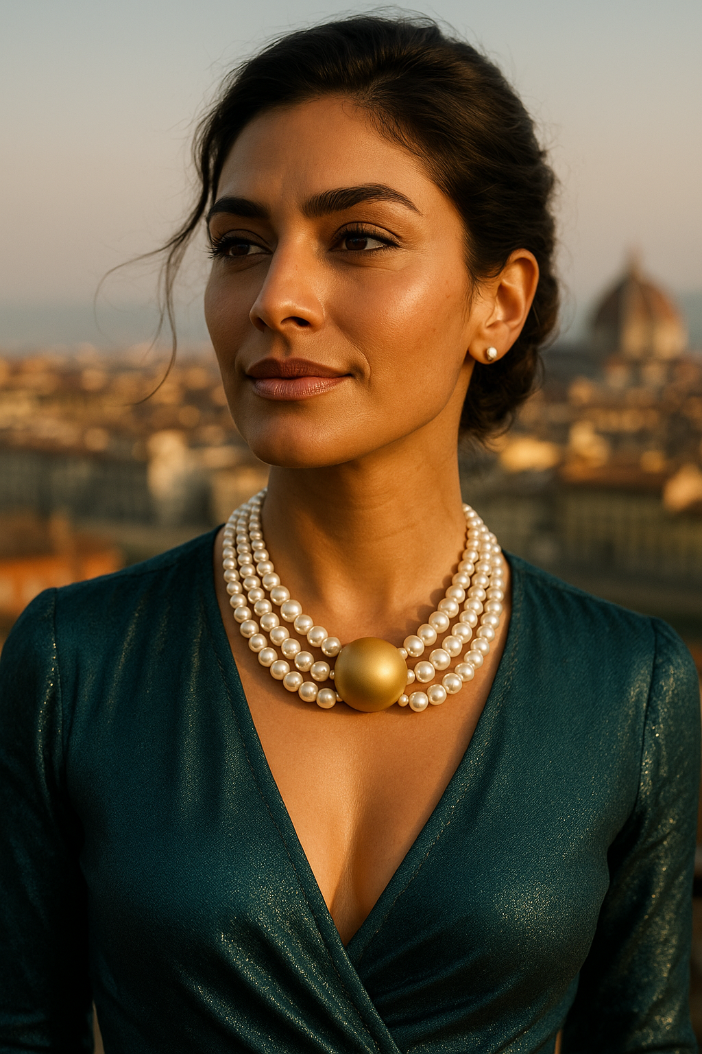 Triple Strand Elegance – White Pearl Choker with Golden Centerpiece