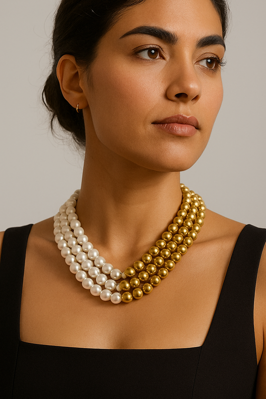 Elegant Dual-Tone Pearl & Gold Beaded Statement Necklace