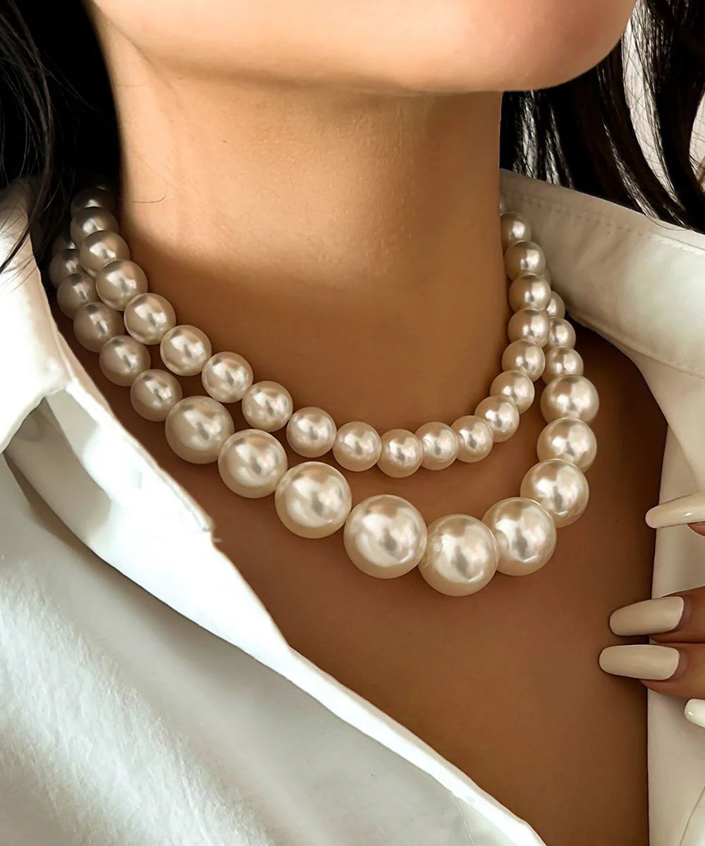 Classy White Stainless Steel Pearl Tassel Gratuated Bead Necklace