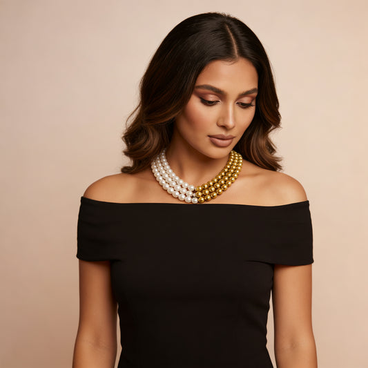 Elegant Dual-Tone Pearl & Gold Beaded Statement Necklace