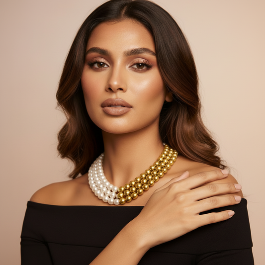 Elegant Dual-Tone Pearl & Gold Beaded Statement Necklace