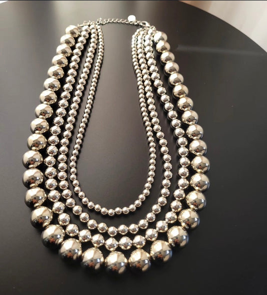 Silver Pearl Layered Necklace – Elegant Multi-Strand Design