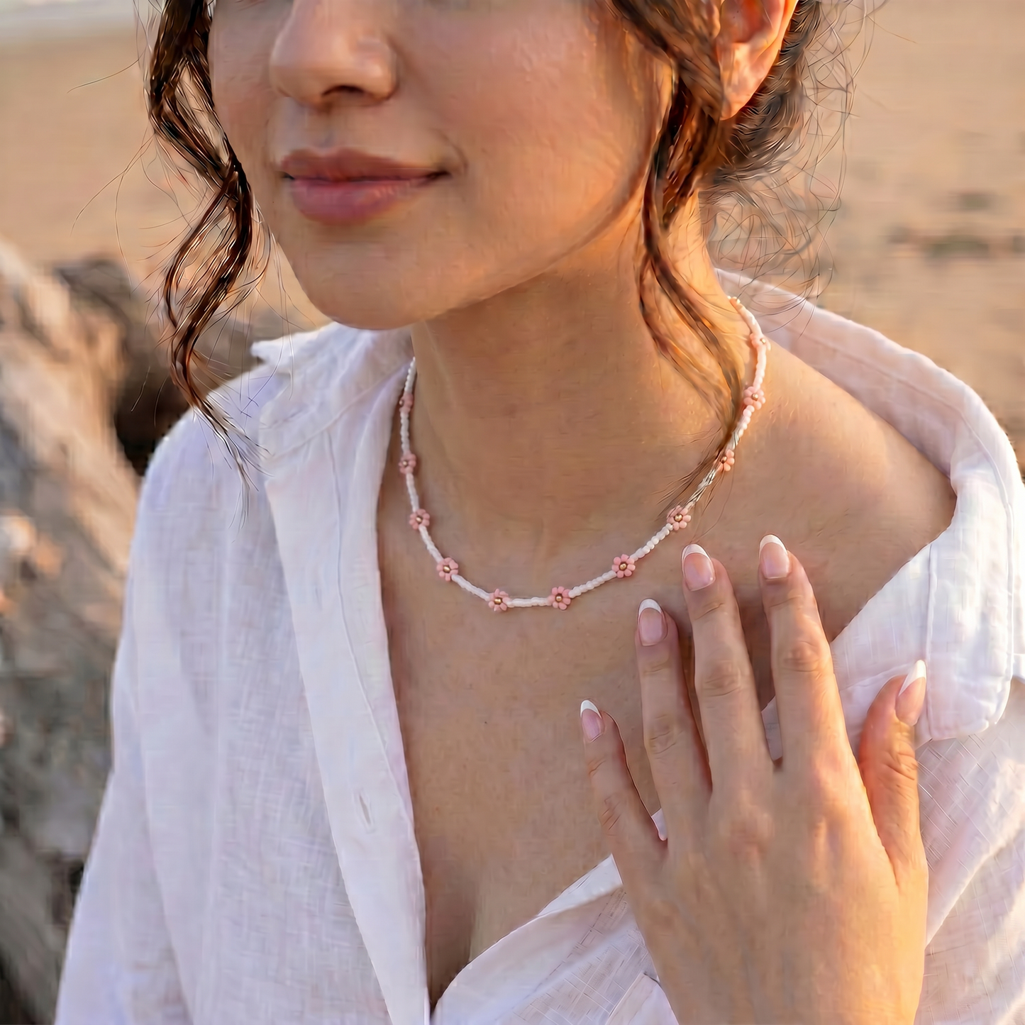 Handmade Pink Pearl Daisy Necklace – White & Pink Floral Beaded Chain