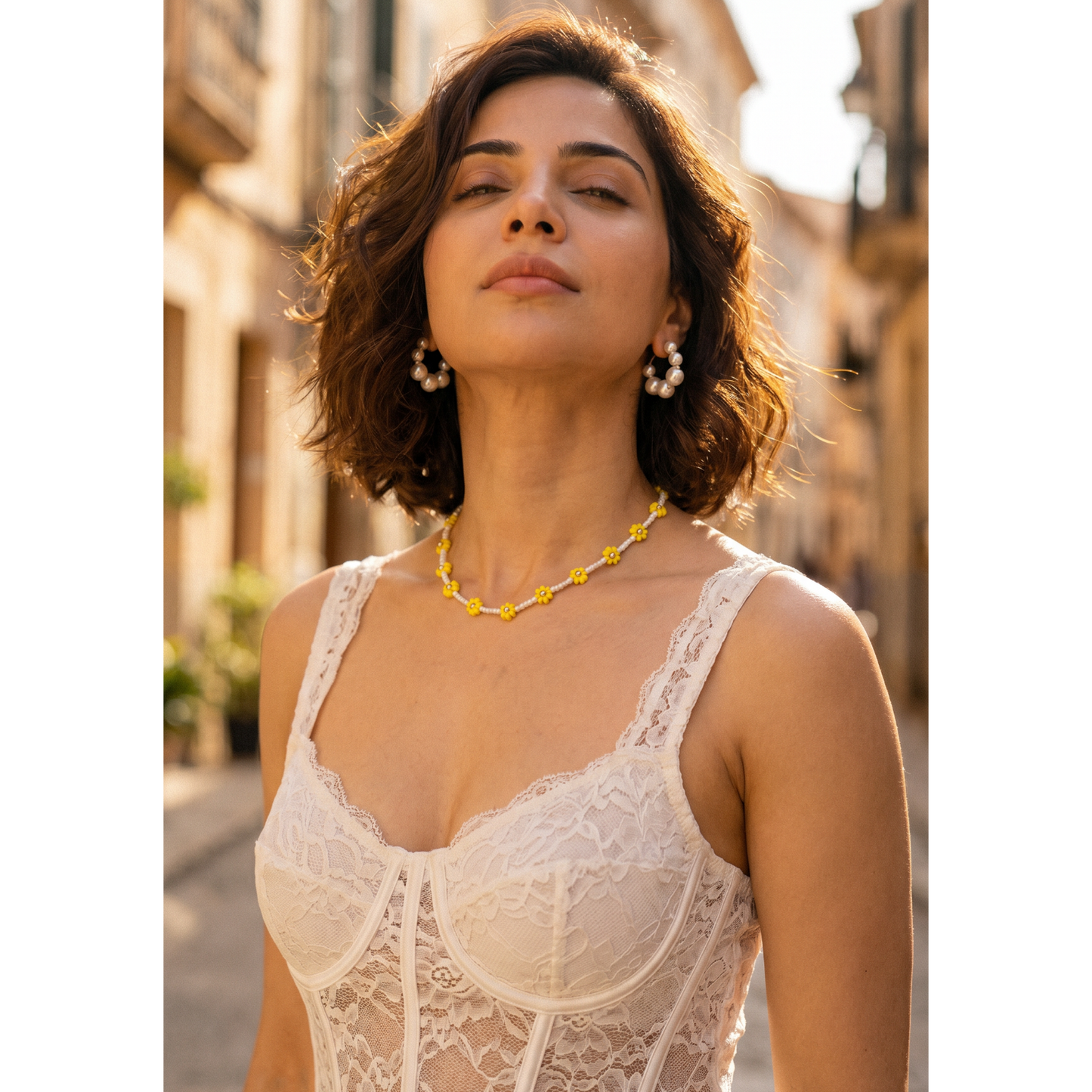 Handmade Yellow Daisy Beaded Necklace – White & Yellow Floral Choker